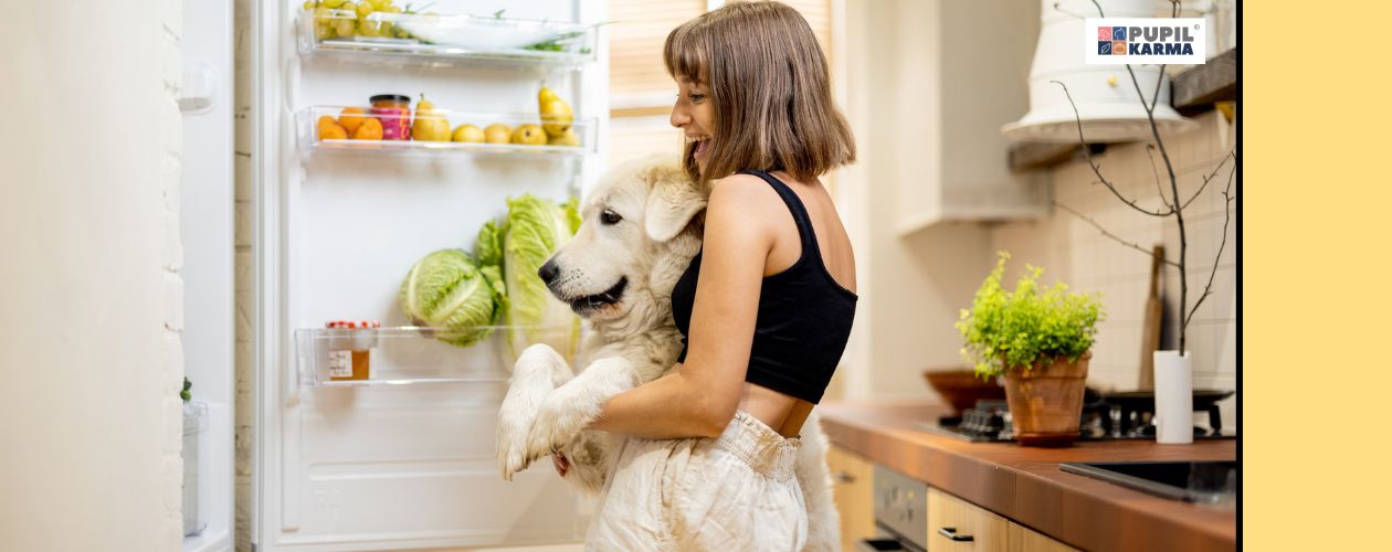 Nie dawaj psu ludzkiego jedzenia. Zdjęcie młodej kobiety trzymającej dużego psa przed otwartą lodówką. Po prawej stronie żółty pas i logo pupilkarma. 